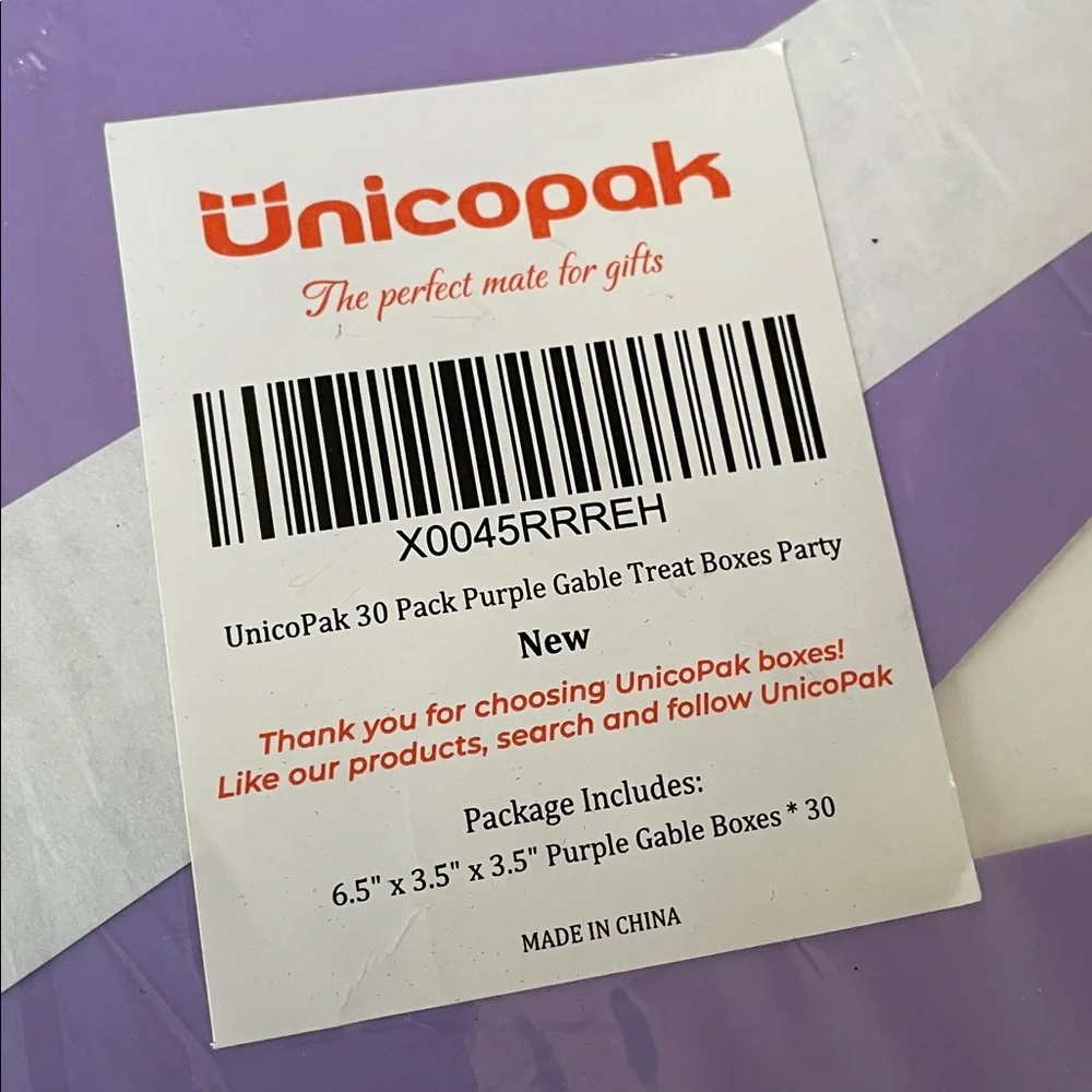 New Unicopak 30 Pack Purple Gable Party Favor Gift Boxes 6.5”x3.5”x3.5”